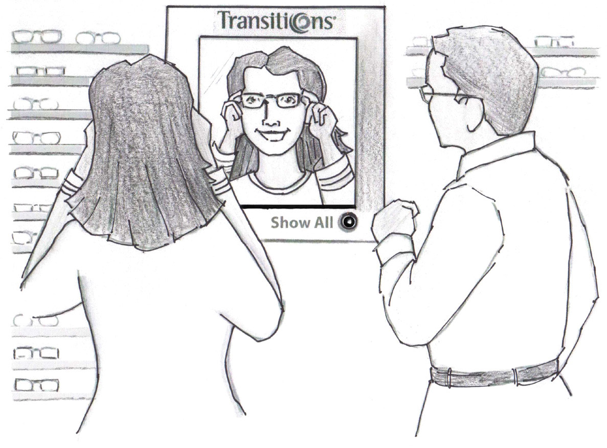 A Storyminers storyboard frame from the Transitions Optical engagement: a customer trying on frames at the style-matching screen while a store rep looks on